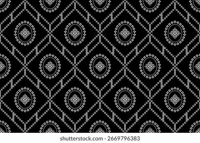 Black and White Pixel Ethnic Pattern. Seamless digital art with a tribal spiral and geometric motif. Ideal for modern textiles, apparel and decor.