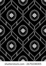 Patrón étnico de píxeles en blanco y negro. Arte digital sin fisuras con un motivo geométrico tribal. Ideal para textiles modernos, ropa y decoración.