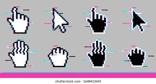 Black and white pixel glitch mouse hand and arrow cursor icon sign set flat style design vector illustration isolated on white background