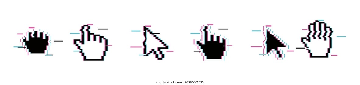 Píxel blanco y negro Glitch ratón Mano y cursor de flecha