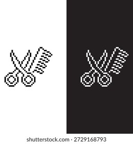 Tijeras y peine del pixel blanco y negro, arte del icono del Vector del pedazo de la peluquería 8 para el juego de ordenador	