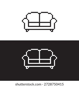 black and white pixel sofa 8 bit vector icon art for computer game	