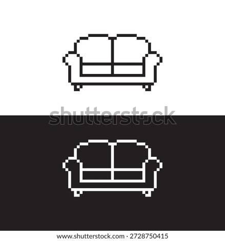 black and white pixel sofa 8 bit vector icon art for computer game	