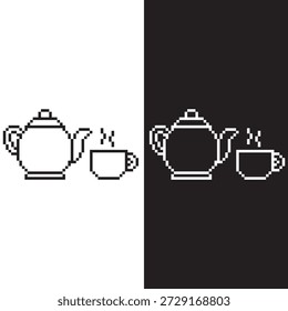 Blanco y negro Pixel Teapot y taza de 8 bits de Vector Icono de arte para el juego de ordenador	
