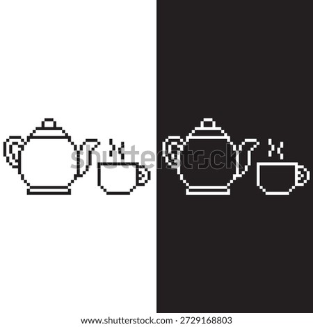 black and white pixel teapot and mug 8 bit vector icon art for computer game	
