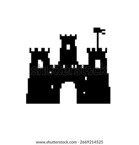 Black and white pixelated castle icon in retro mosaic style, resembling old video game graphics.
