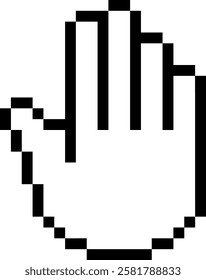 Black and white pixelated hand cursor pointing and clicking or selecting something on a computer screen, representing digital interaction and online activity