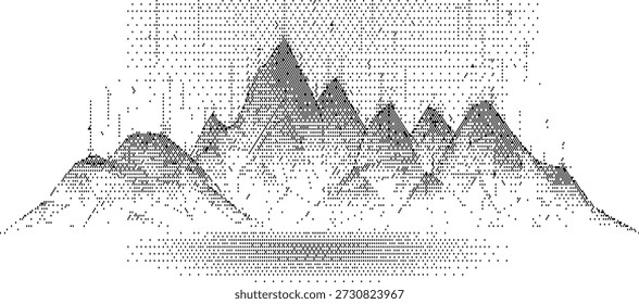Black and white pixelated mountain range landscape with scattered dots