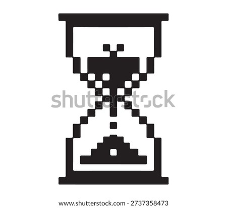 Black and white pixelated sand timer symbol, classic computer cursor icon, time management graphic, retro gaming element