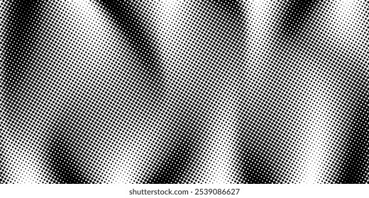 Schwarz-weiße pixelige Textur mit Halbton-Farbverlauf-Effekt. Wellenförmiges Punktmuster 