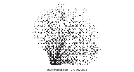Black and white pixelated tree with abstract digital style and scattered dots