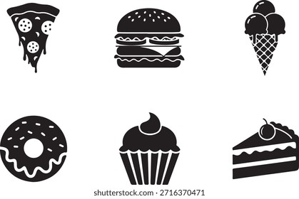 Blanco y negro de pizza rebanada hamburguesa helado donut cupcake y pastel
