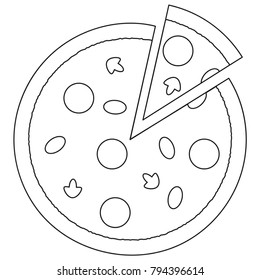 Black and white pizza slice fast food icon poster. Line art vector illustration for gift card certificate banner sticker, badge sign, stamp, logo, icon label.