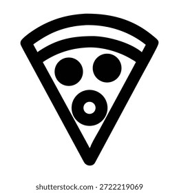 Schwarz-weiße Pizzaschnitt-Ikone mit Pfefferoni, eine gängige und beliebte Speisekarte.