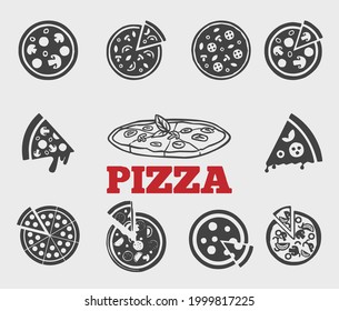 Black and white pizza or sliced pizza icon set on grey background for food industry presentation purposes