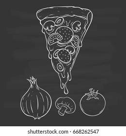 black and white pizza with vegetables for ingredients using sketch or hand drawing style on chalkboard background