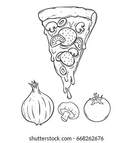 black and white pizza with vegetables for ingredients using sketch or hand drawing style