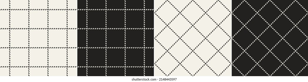 Black white plaid pattern set. Seamless stitched neutral windowpane tartan check set for scarf, skirt, dress, shirt, trousers, jacket, other modern spring summer autumn winter fashion fabric design.