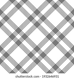 Black white plaid pattern. Simple line seamless vector tartan check plaid graphic texture for flannel shirt, skirt, scarf, throw, other modern spring summer autumn winter fashion textile print.