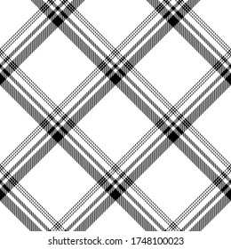 Black white plaid pattern. Tartan check plaid diagonal seamless texture for scarf, skirt, flannel shirt, skirt, or other modern summer and autumn fabric prints.