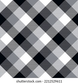 Black White Plaid seamless patten. Vector diagonal checkered monochrome plaid textured background. Traditional fabric print. Plaid texture for fashion, print design.