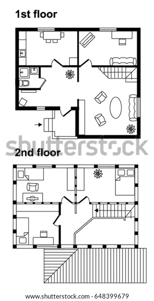Black White Plan Twostory House Architectural Stock Vector