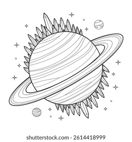 A black and white planet illustration line art of a coloring page