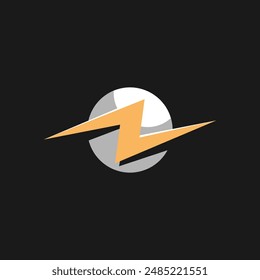 a black and white planet logo with a yellow lightning bolt on it.