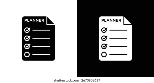 Black and white planner checklist icon with checkmarks and empty circle. Isolated on white and black backgrounds.