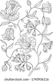 black and white plants illustration. indian motifs. pen drawing of ethnic flowers. magical fabulous flowers.