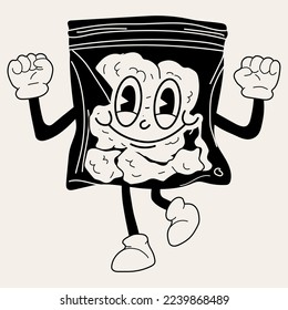 Black and white Plastic bag. Cartoon mascot character. Medical cannabis, weed, marijuana character concept