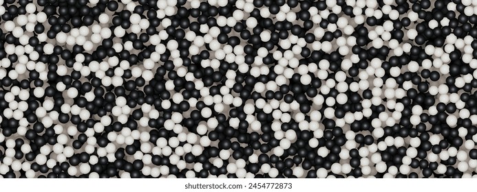 Black and white plastic balls abstract background as seamless pattern. Dragee of white and dark chocolate. Vector illustration of polymer material texture