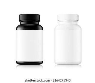 Frascos de plástico blanco y negro se burlan con etiqueta sobre fondo blanco. Se puede usar para alimentos médicos, cosméticos y medicinales. Ilustración vectorial. EPS10.	