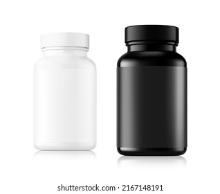 Las botellas de plástico blanco y negro se burlan con fondo blanco. Se puede usar para alimentos médicos, cosméticos y medicinales. Ilustración vectorial. EPS10.	