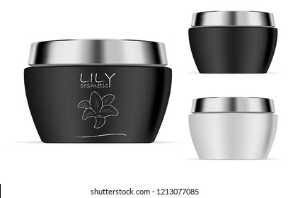 Black and white plastic cream jar isolated on white background. Skin care product realistic cosmetic package with sample label and logo. Vector mockup bottle illustration.