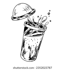 Black and white plastic glass with spilled drink isolated in white background. Splash drink. Spilled cup with lemonade. Plastic lid. Retro sketch style. Beverage drawing with hatching. Vector