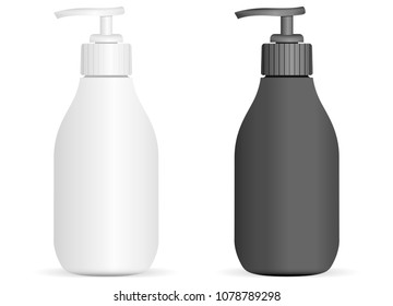 Black and White Plastic pump bottles set isolated on background. Package with pump dispenser for cream, liquid soup, foam, shampoo. Vector illustration.