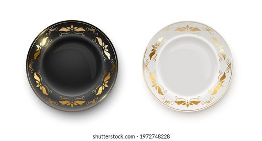Black and white plates with golden floral pattern on border on transparent background. Empty dishes for dinner, breakfast or lunch vector illustration. Clean dishware with decoration, flat lay.