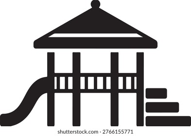 Black and white of a playground gazebo structure with a slide and stairs, isolated on a white background