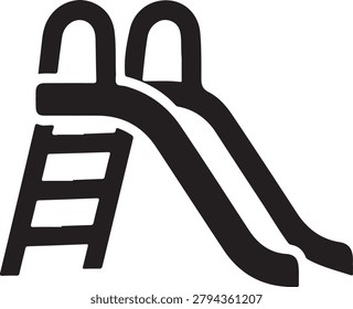 Black and white of a playground slide with a ladder and curved chute, isolated on a white background
