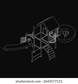 A black and white playground structure combines a slide, house, and stairs in a surreal composition. The dark background adds a mysterious yet inviting atmosphere, perfect for imaginative.