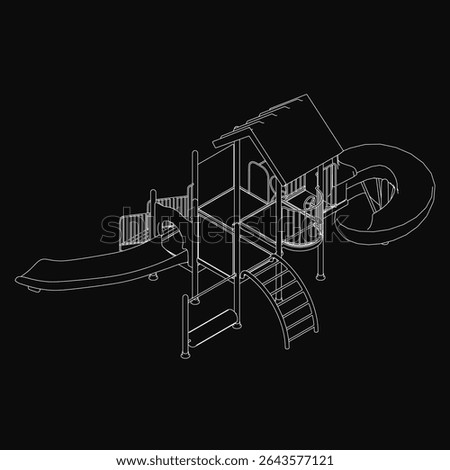 A black and white playground structure combines a slide, house, and stairs in a surreal composition. The dark background adds a mysterious yet inviting atmosphere, perfect for imaginative.
