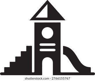 Black and white of a playground tower with a slide, stairs, and a circular window, isolated on a white background