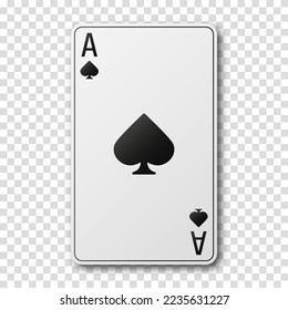 Black and white playing card Ace with a symbol or sign of spades on a transparent background. Vector illustration