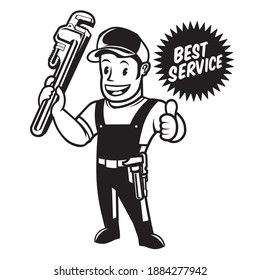 Black White Plumberman Vector illustration in retro style, perfect for Plumbing Service company logo