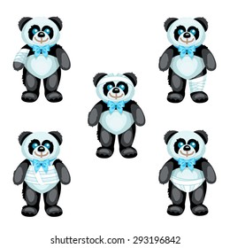 Black and white plush panda with bandages on the different parts of its body / There are five same plush pandas with bandages on the hand, head, leg, thorax and perineum
