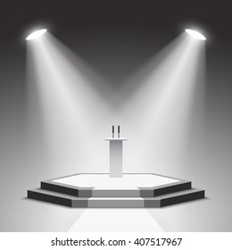Black and white podium. Pedestal. Stand. Tribune. Spotlight. Scene. Vector illustration.