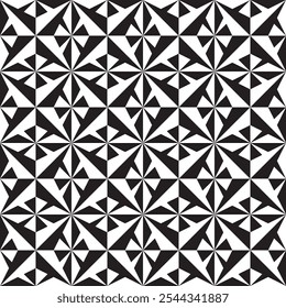 Black and white pointed triangular four-pointed striped stars vector square seamless pattern or texture.