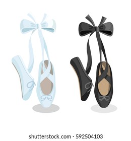 Black and white pointes female ballet shoes flat design on white background. Vector illustration of gym ballet shoes standing on tiptoes web banner.