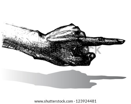 Black and white pointing hand classic sketch, anatomical study over white with shadow
